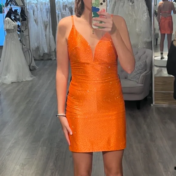 open lace back dress Orange Spaghetti Straps Short Homecoming Dress With Lace Appliques, MH598 main image 0